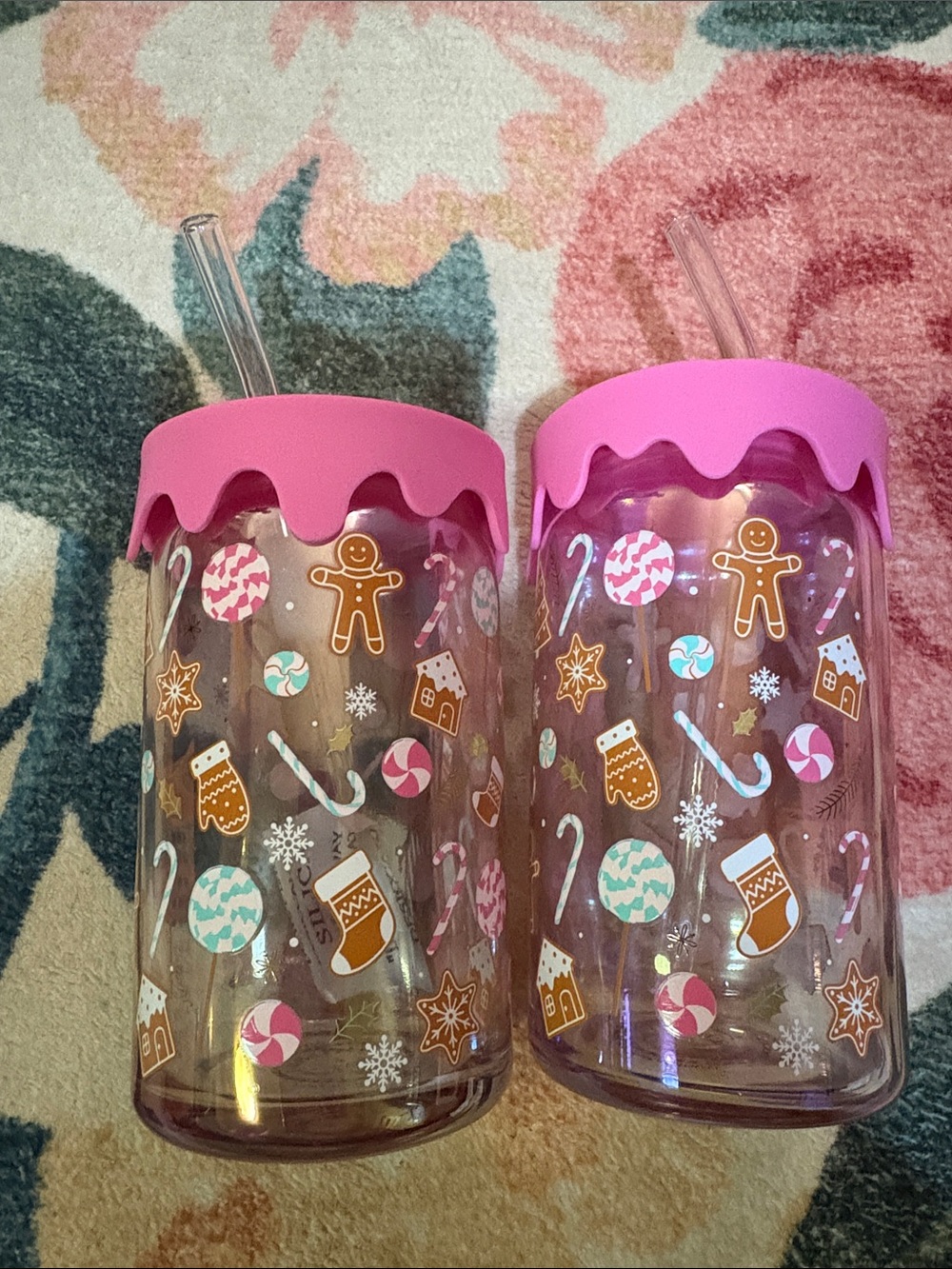 Peppermint Pink Holiday Gingerbread Tumblers with Silicone Lids - Set of 2